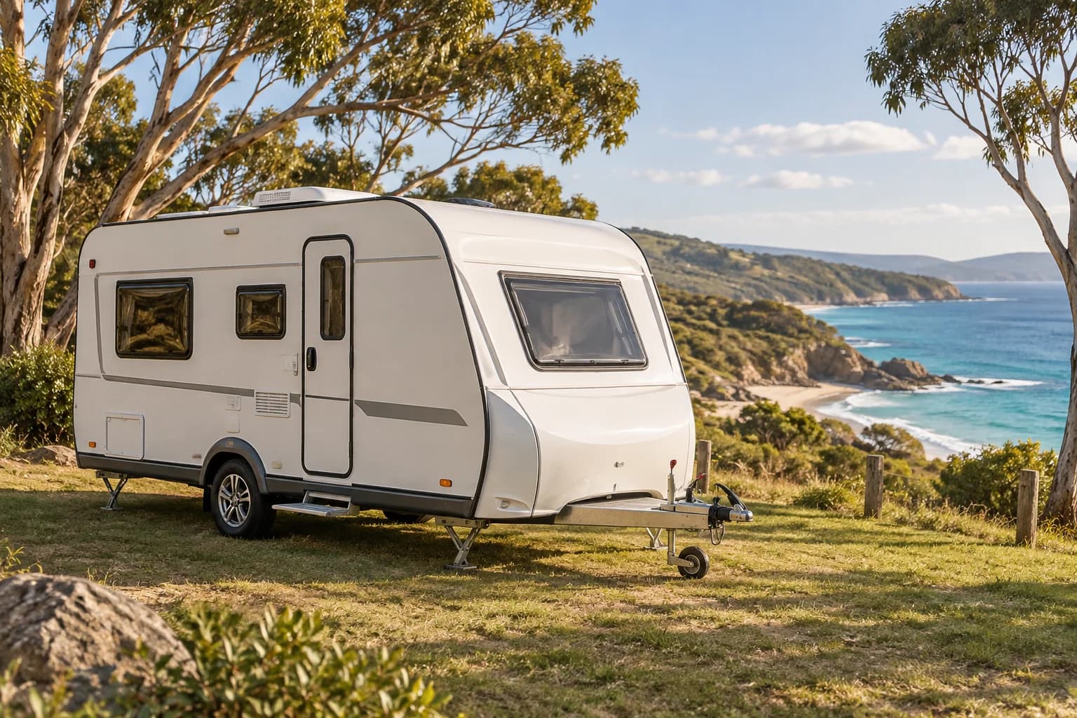Illustrative compact caravan in an outdoor setting