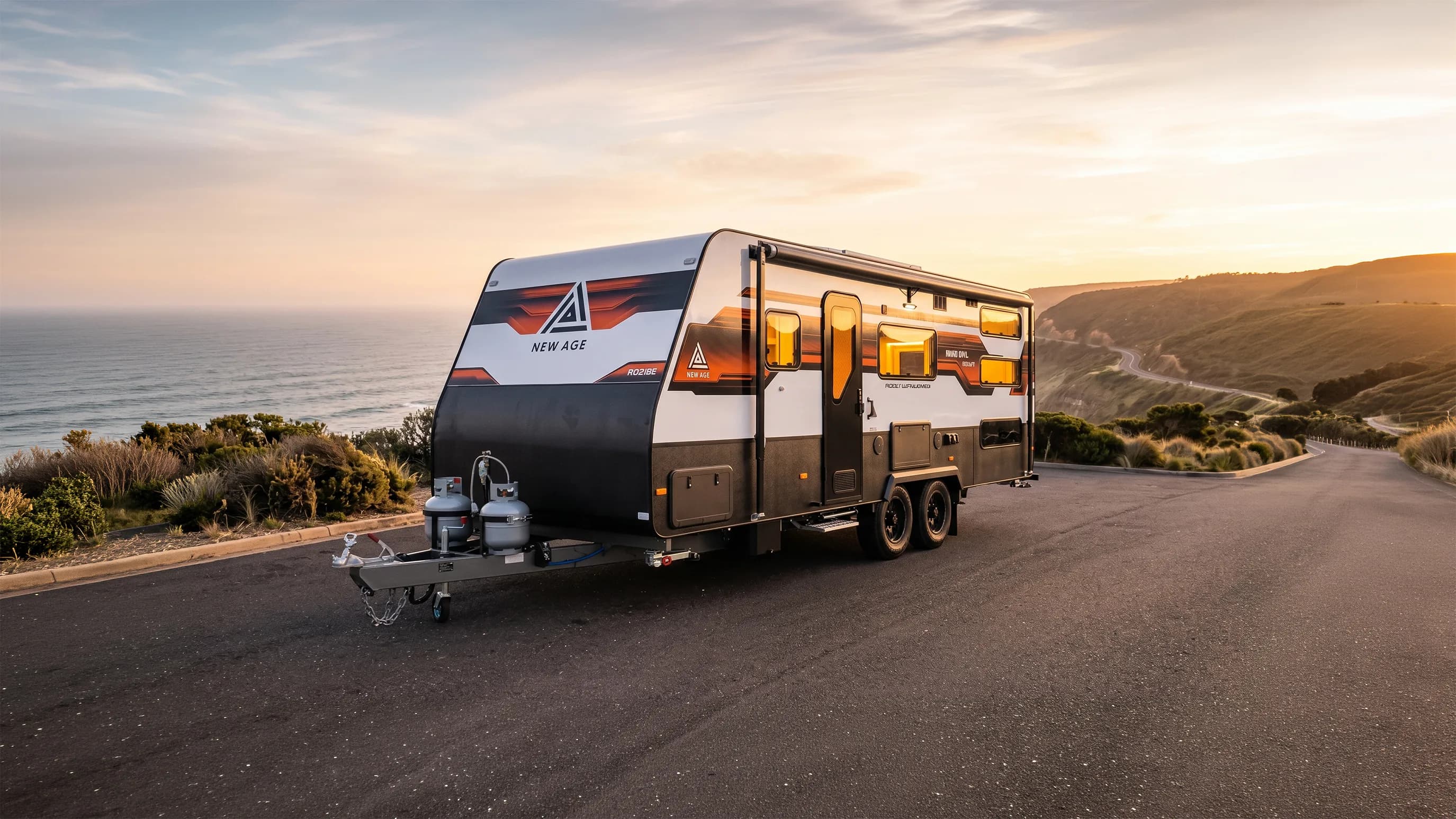 New Age Road Owl RO21BE family caravan photographed beside a coastal road